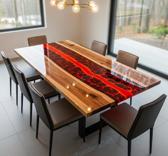 Roter Lava Epoxidharz Esstisch | Live Edge Holzfluss Wohnkultur