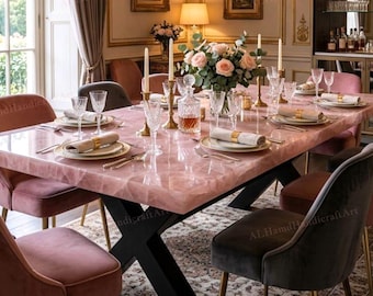 Rose Quartz Dining Table, Pink Stone Unique Handmade Furniture For Luxury Home