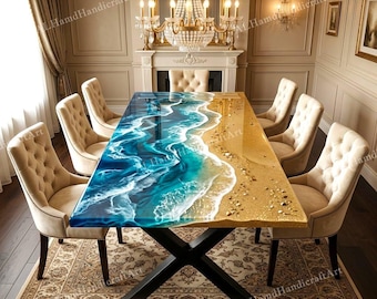 Handgemaakte Ocean Wave-eettafel – Epoxyhars strandontwerp, modern luxe meubeldecor