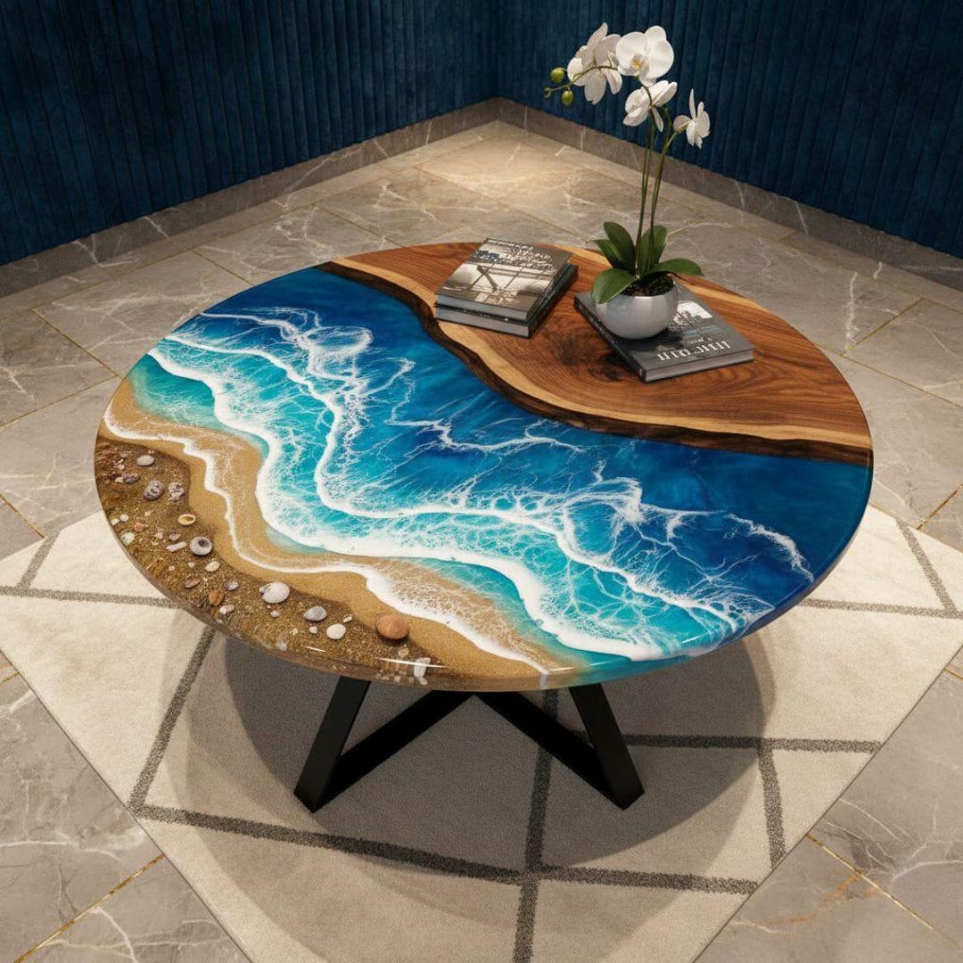 Ocean Wave Epoxy Resin Round Table: Handmade Coffee or Dining Table for ...