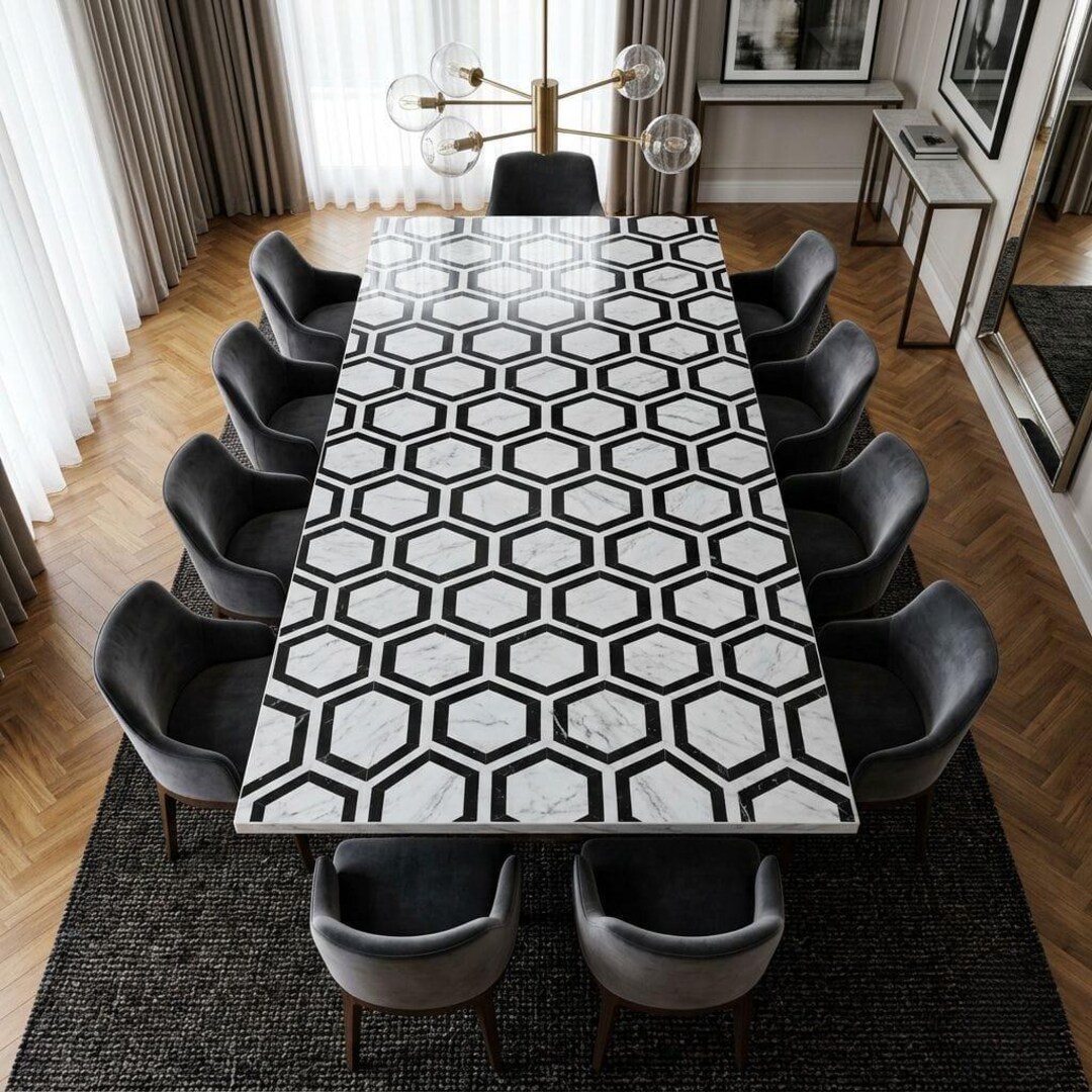 Marble Table Pattern Marble Dining Table With Hexagon Pattern, Black Geometric Inlay Modern ...
