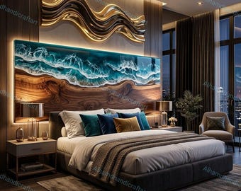 Ocean Epoxy Bed Headboard, LiveEdge Wood Wall Decor, Luxury Bedroom Statement Piece