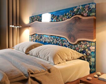 River Stone Headboard | Epoxy Resin & Natural Solid Wood Bed Headboard | Made To Order