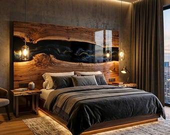 Natural Wood & Black Epoxy Resin Headboard | Custom Luxury Rustic Bedroom Piece