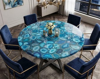 Okrągły stolik kawowy z niebieskiego agatu – ręcznie robiony stolik z naturalnego kamienia, luksusowy element centralny salonu