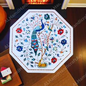White Marble Inlay Table Top Floral Design work Handmade table, Semi Precious Stone
