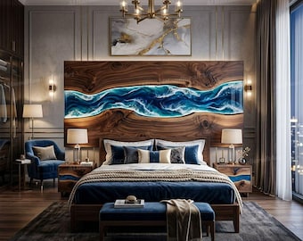 Ocean Wave Epoxy Resin & Wooden Headboard | Live Edge Bed Backboard | Custom King Queen Size