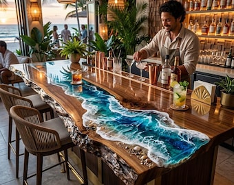 Ocean Epoxy Resin Live Edge Bar Countertop | Natural Wood Custom Bar Top