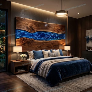 Dark Blue Epoxy Resin & Wooden Headboard | Live Edge Bed Backboard | Custom King Queen Size