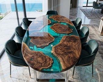 Mesa de centro ovalada personalizada de resina epoxi verde / Mesa única de madera de nogal y resina / Decoración del hogar