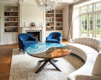 River Stone Ocean Wave & Epoxy Resin Handmade Walnut Wood Coffee Table - Round Luxury Design