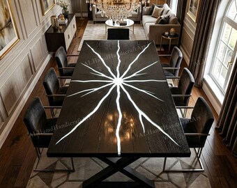 Mesa de comedor de resina epoxi Lightning Crack – Mesa de madera negra que marca tendencia, decoración de lujo para el hogar