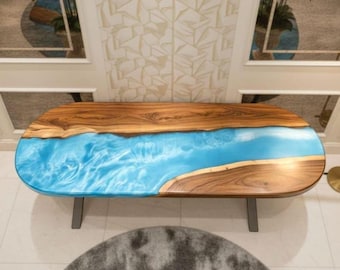 Sky Blue Metallic Epoxy Harz & Natürliche Woodood Handgemachte Konsole Tisch, Wohnkultur