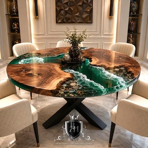 Puede incluir: Una mesa de comedor redonda con una superficie de madera natural y un diseño de río central hecho de resina verde, que imita las olas del océano y guijarros. La mesa se apoya en una base de metal negro en forma de X y cuatro sillas crema.
