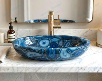 Blau Achat Stein Waschbecken | Handgefertigtes Luxus Badezimmer Waschbecken | Moderne Innendekoration