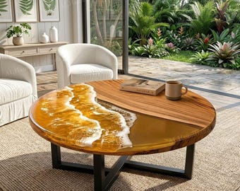 Handmade Wood & Ocean Waves Epoxy Resin Dining Table - Round Luxury Design