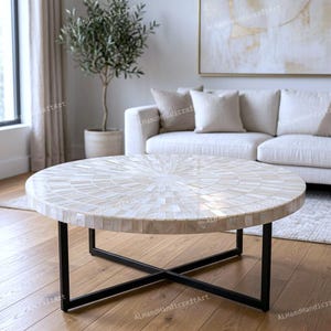 Selenite Stone Round Dining Table – Handmade Marble Inlay Style Coffee Table, Modern Home Decor