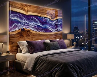 Purple Ocean Wave Epoxy Bed Headboard | Natural Acacia Wood Live Edge Bedroom Statement Piece