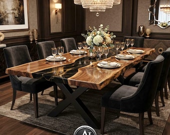 Mesa de comedor hecha a mano de resina epoxi negra con detalles en amarillo: madera natural, diseño moderno, decoración del hogar.