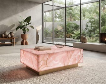 Luxuriöser, hinterleuchteter Couchtisch aus rosa Onyx – Handgefertigte Steinmöbel