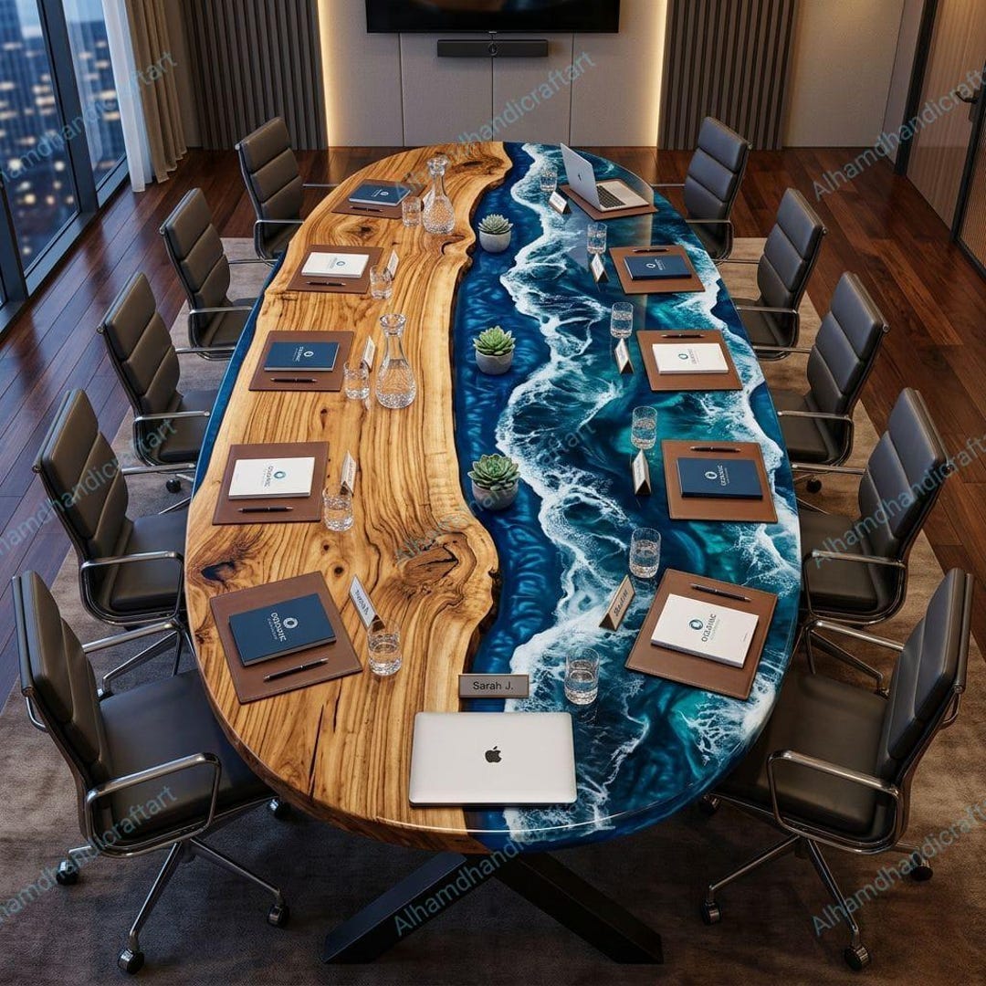 Ocean Wave Oval Epoxy Conference Table, Acacia Wood Resin Unique Table ...