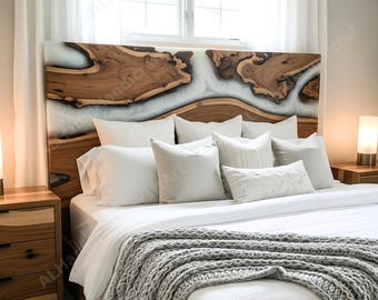 Cabecero de madera epoxi blanca con borde natural hecho a mano: Dormitorios de lujo, decoración del hogar con incrustaciones de resina