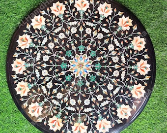 Tablero de mesa artesanal con incrustaciones de mármol negro / Pietra Dura Art / Muebles y decoración del hogar