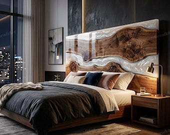 Cabecero de madera con resina epoxi blanca, cabecero de cama con borde natural, decoración rústica moderna para dormitorio, cabecero personalizado.
