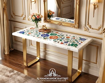 Consola de mármol blanco con incrustaciones florales – Muebles de lujo para recibidor, tablero hecho a mano