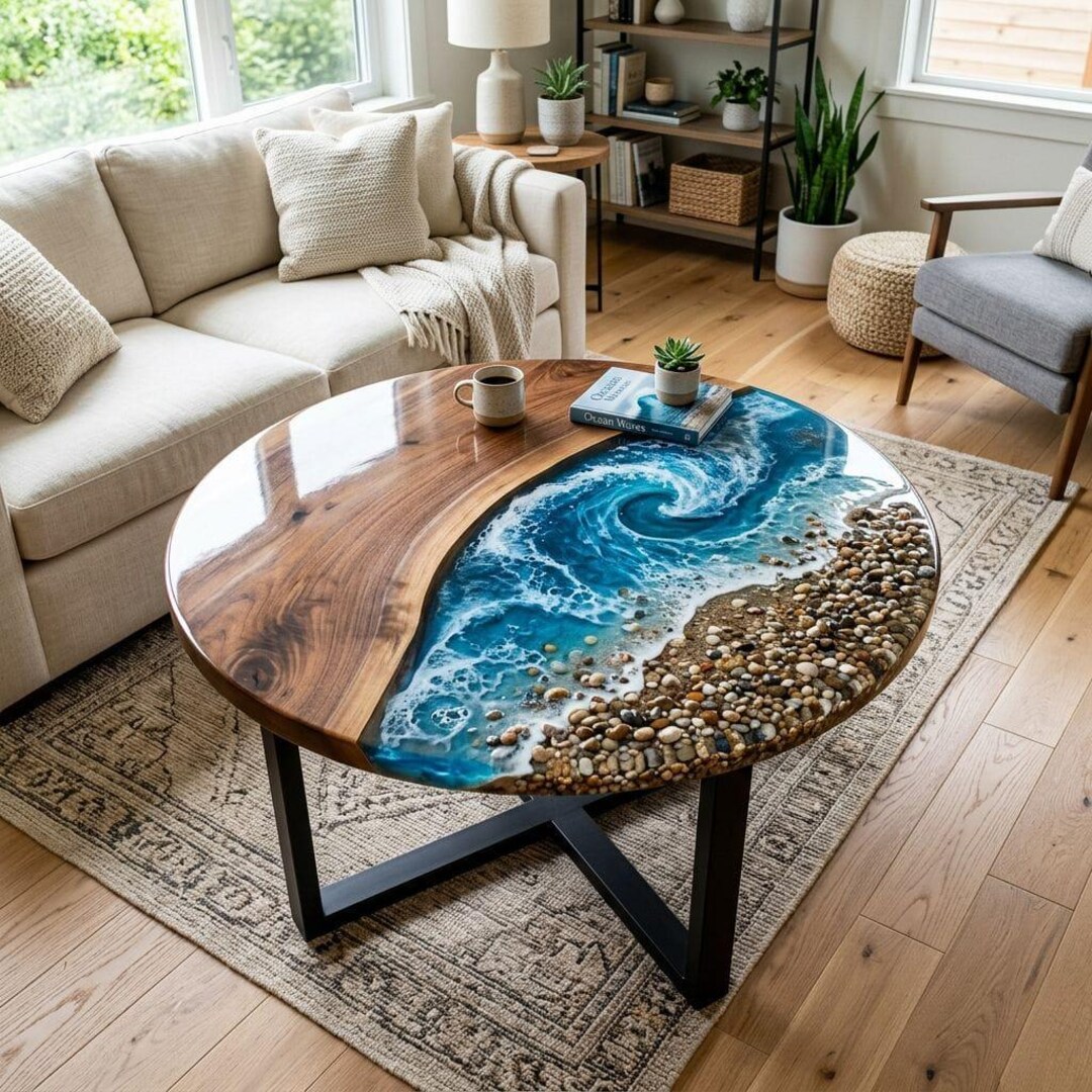 Ocean Wave & Walnut Wood Epoxy Resin Dining Table - Round Luxury Design ...