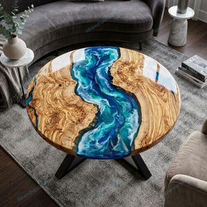 Handmade Walnut Wood & Ocean Wave Epoxy Resin Dining Table - Round Luxury Design