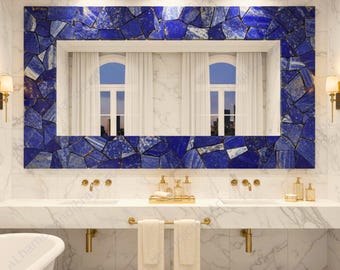 Espejo de pared de piedra lapislázuli: decoración de lujo para el baño y elegante detalle para el hogar.