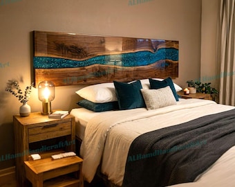 Acacia Wood & Epoxy Resin Headboard | Turquoise Colour Bedheadboard | Home Decor