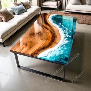 Ocean Wave Epoxy Resin Table: Live Edge Wood Dining or Coffee Table