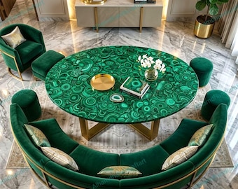 Mesa de comedor ovalada de piedra malaquita – Mueble de diseño elegante con piedras preciosas