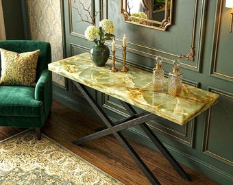 Green Onyx Console Table | Luxury Stone Entryway Table | Hallway Furniture Home Decor