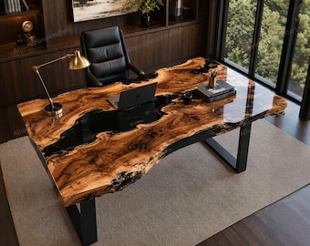 Escritorio ejecutivo de lujo con borde natural y resina epoxi / Mesa de oficina moderna con resina epoxi negra y diseño de río