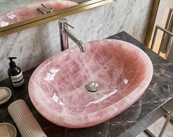 Luxury Oval Rose Quartz Bathroom Sink – Handmade Crystal Stone Washbasin for Modern Vanity Decor