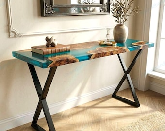 Teal Blue Console Table – Coastal Farmhouse Entryway Table, Beach House Decor, Modern Accent Furniture