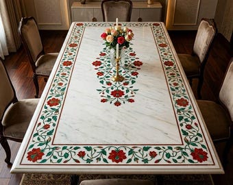 Mesa de comedor hecha a mano con incrustaciones florales de mármol blanco, malaquita y ónix, decoración del hogar.