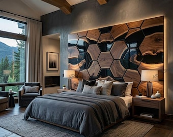 Sechseckiges Wand-Kopfteil aus Holz und schwarzem Epoxidharz, LiveEdge-Holzwanddekor, luxuriöses Schlafzimmer-Statement