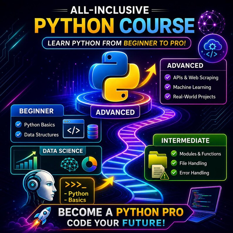 Puede incluir: Un gr&aacute;fico digital para un curso completo de Python con el logotipo de Python, un camino sinuoso y secciones marcadas como Principiante, Intermedio y Avanzado. Incluye iconos de ciencia de datos, una cabeza de robot y el texto: Learn Python from Beginner to Pro.