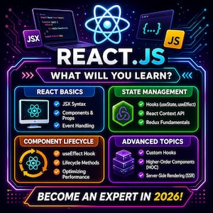 Puede incluir: Una infograf&iacute;a de estilo ne&oacute;n titulada REACT.JS WHAT WILL YOU LEARN? con cuatro secciones: React Basics, State Management, Component Lifecycle y Advanced Topics. Incluye iconos de JSX, JS y el logo de React, con texto que enumera conceptos t&eacute;cnicos.