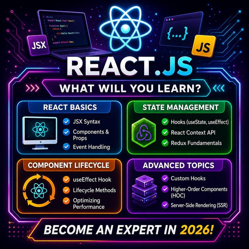 Puede incluir: Una infograf&iacute;a de estilo ne&oacute;n titulada REACT.JS WHAT WILL YOU LEARN? con cuatro secciones: React Basics, State Management, Component Lifecycle y Advanced Topics. Incluye iconos de JSX, JS y el logo de React, con texto que enumera conceptos t&eacute;cnicos.
