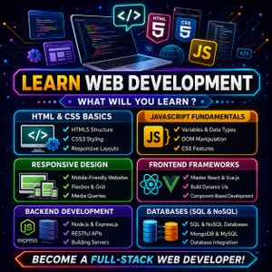 Puede incluir: Una infograf&iacute;a de estilo ne&oacute;n titulada LEARN WEB DEVELOPMENT con secciones para HTML & CSS, JavaScript, Responsive Design, Frontend Frameworks, Backend Development y Databases. Incluye iconos de c&oacute;digo y varios servidores.