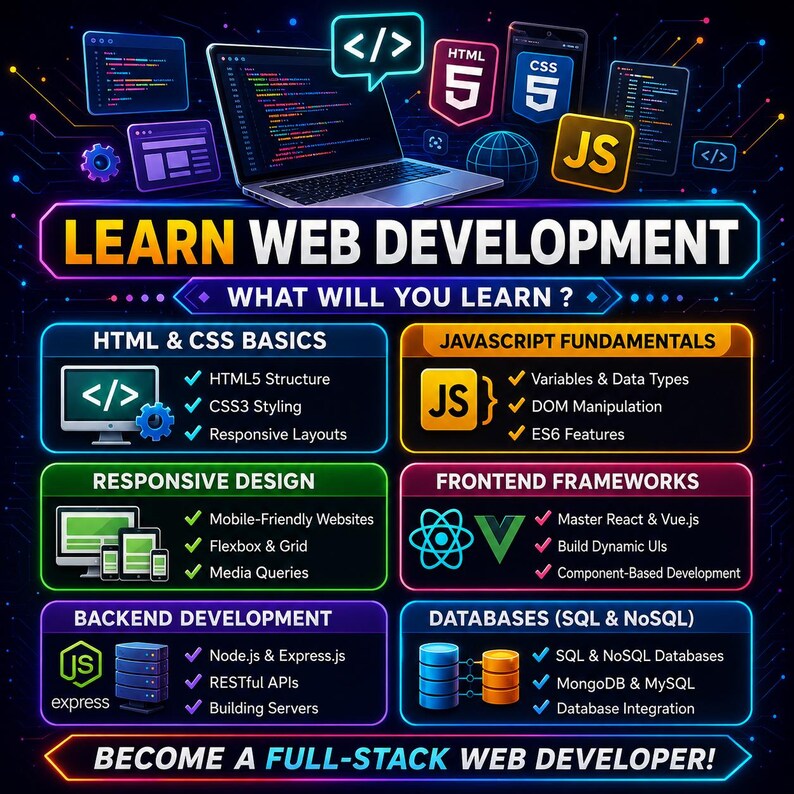 Puede incluir: Una infograf&iacute;a de estilo ne&oacute;n titulada LEARN WEB DEVELOPMENT con secciones para HTML & CSS, JavaScript, Responsive Design, Frontend Frameworks, Backend Development y Databases. Incluye iconos de c&oacute;digo y varios servidores.