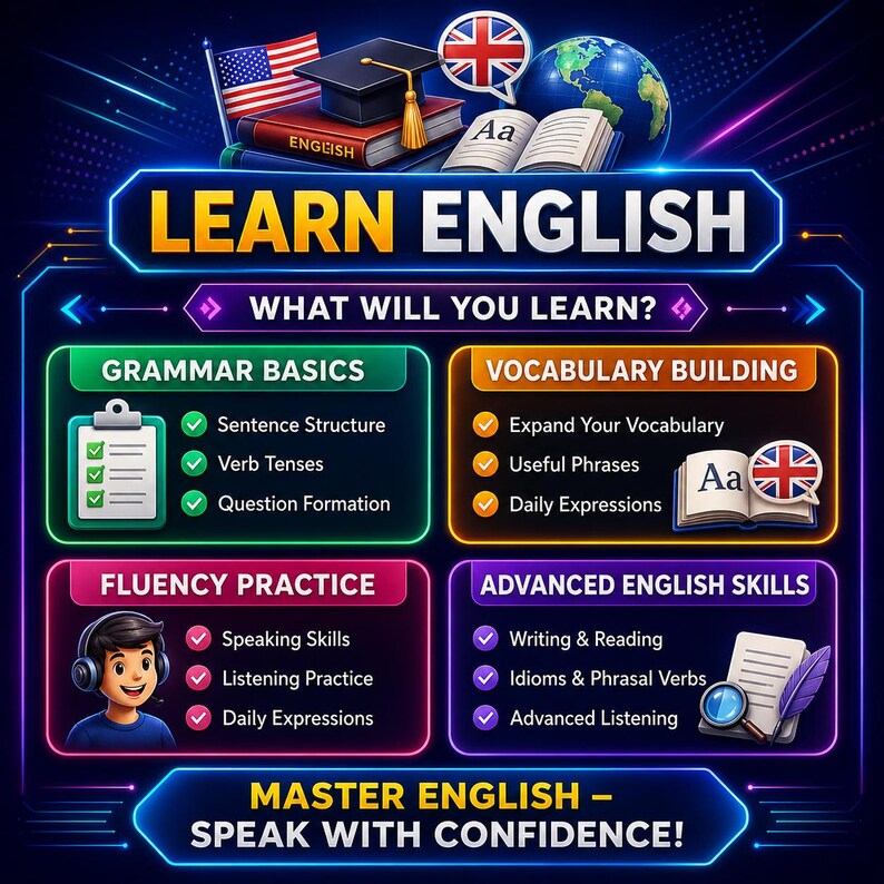 Puede incluir: Un gr&aacute;fico educativo digital titulado LEARN ENGLISH con secciones para Grammar Basics, Vocabulary Building, Fluency Practice y Advanced English Skills. Incluye iconos de libros, un globo terr&aacute;queo, un birrete y una persona con auriculares.