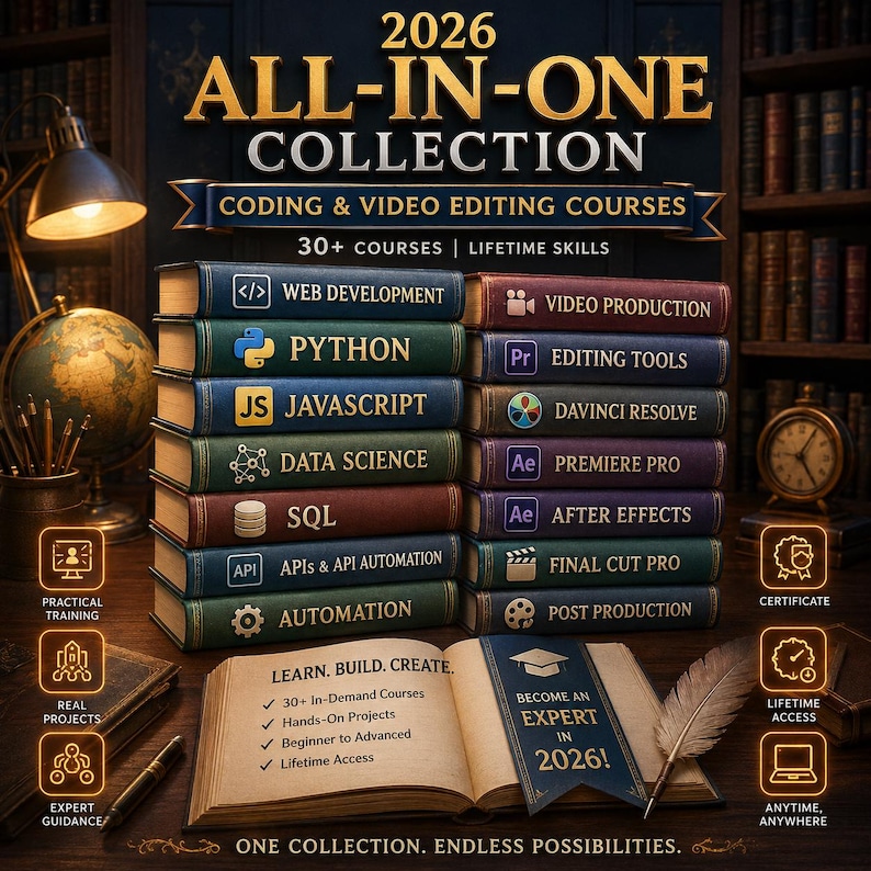 Puede incluir: Una colecci&oacute;n 2026 todo en uno de cursos de programaci&oacute;n y edici&oacute;n de video presentada como pilas de libros. Los t&iacute;tulos incluyen desarrollo web, Python, JavaScript, ciencia de datos, SQL, API, automatizaci&oacute;n y varios programas de software.