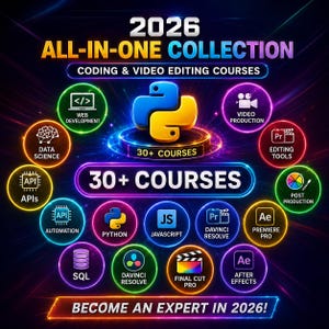 Puede incluir: Un gr&aacute;fico digital titulado 2026 ALL-IN-ONE COLLECTION CODING & VIDEO EDITING COURSES que presenta un logotipo central de Python y numerosos iconos circulares de colores ne&oacute;n que representan diversos programas y habilidades como desarrollo web.