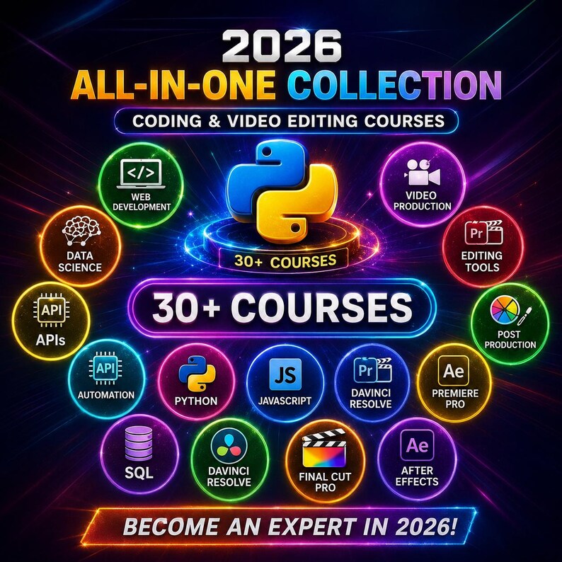 Puede incluir: Un gr&aacute;fico digital titulado 2026 ALL-IN-ONE COLLECTION CODING & VIDEO EDITING COURSES que presenta un logotipo central de Python y numerosos iconos circulares de colores ne&oacute;n que representan diversos programas y habilidades como desarrollo web.